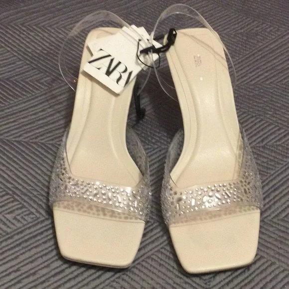Zara size 9.5 (40) cream and clear rhinestone heels for women - Picture 2 of 8